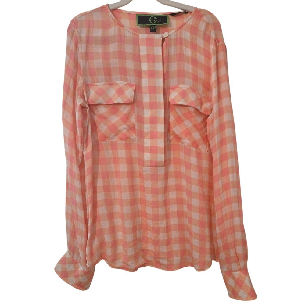 C. Wonder Silk Gingham Check Blouse Coral Pink White XXS Long Sleeve Top